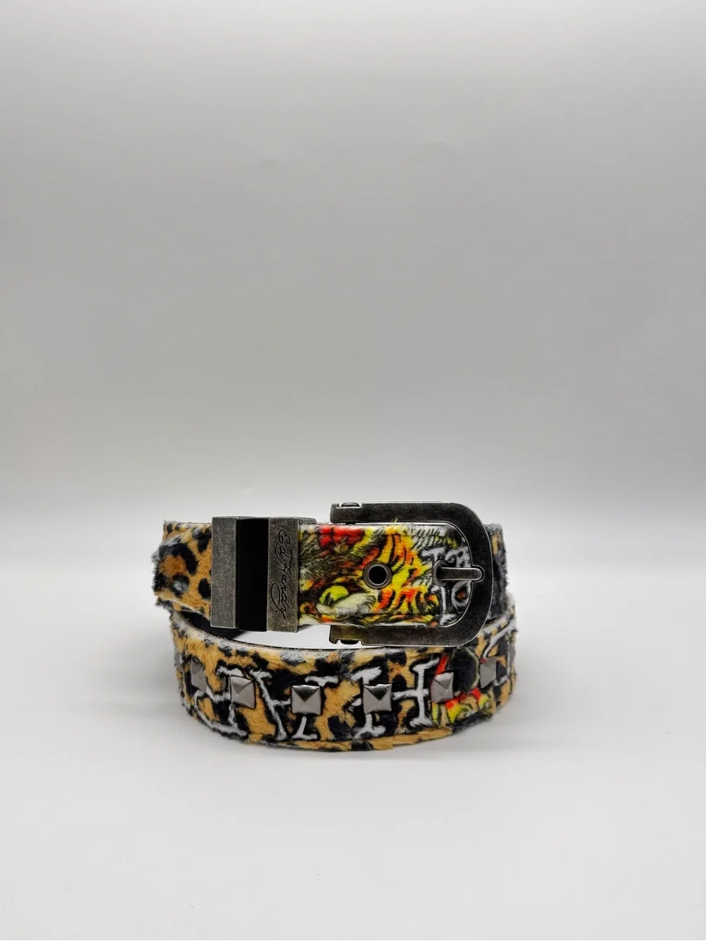 Ed Hardy Belt Size 34 Tiger Leopard Print Studded Faux Fur Rhinestone Buckle NWT